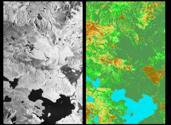 These two images from NASA's Spaceborne Imaging Radar C/X-Band Synthetic Aperture Radar show the majestic Yellowstone National Park, Wyoming, the oldest national park in the United States and home to the world's most spectacular geysers and hot springs.