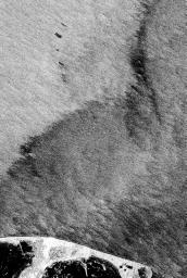This is an X-band image from NASA's Spaceborne Imaging Radar C/X-Band Synthetic Aperture Radar of an oil slick experiment conducted in the North Sea, Germany. The image is centered at 54.58 degrees north latitude and 7.48 degrees east longitude.