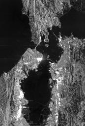 This is a radar image from NASA's Spaceborne Imaging Radar C/X-Band Synthetic Aperture Radar of San Francisco, California, taken on October 3,1994. Downtown San Francisco, San Francisco Bay, Oakland, the Golden Gate Bridge, and Alcatraz are shown.