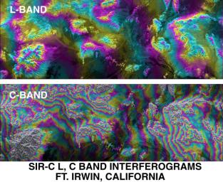 This image from NASA's Spaceborne Imaging Radar-C/X-band Synthetic Aperture Radar of Fort Irwin in California's Mojave Desert compares interferometric radar signatures topography.
