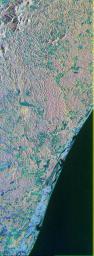 This is a color composite image NASA's Spaceborne Imaging Radar-C/X-band Synthetic Aperture Radar of southern Bahia, Brazil, centered at 15.22 degree south latitude and 39.07 degrees west longitude.