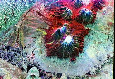 This is an image NASA's Spaceborne Imaging Radar-C/X-band Synthetic Aperture Radar of the area of Kliuchevskoi volcano, Kamchatka, Russia, which erupted on September 30, 1994.