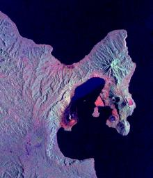 This is a radar image NASA's Spaceborne Imaging Radar-C/X-band Synthetic Aperture Radar of the Rabaul volcano on the island of New Britain, Papua, New Guinea taken almost a month after its September 19, 1994.