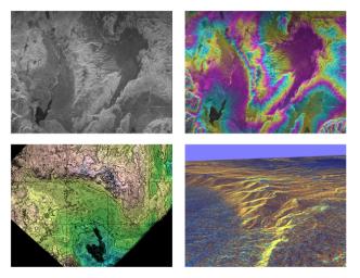 These four images NASA's Spaceborne Imaging Radar-C/X-band Synthetic Aperture Radar of the Long Valley region of east-central California illustrate the steps required to produced three dimensional data and topographics maps from radar interferometry.