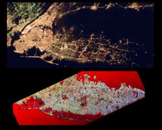 This pair of images NASA's Spaceborne Imaging Radar-C/X-band Synthetic Aperture Radar of the Long Island, New York region is a comparison of an optical photograph (top) and a radar image (bottom), both taken in darkness in April 1994.