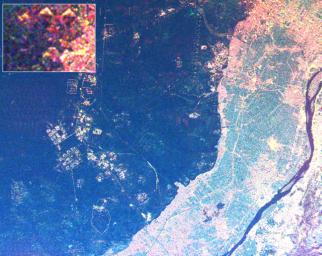 This radar image from NASA's Spaceborne Imaging Radar-C/X-band Synthetic Aperture Radar shows the area west of the Nile River near Cairo, Egypt. The Nile River is the dark band flowing approximately North.
