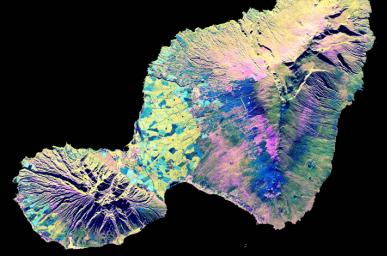 This spaceborne radar image from NASA's Spaceborne Imaging Radar C/X-Band Synthetic Aperture Radar shows the 'Valley Island' of Maui, Hawaii. Cloud-penetrating capabilities provide a rare view of many parts of the island, frequently shrouded in clouds.