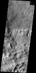 This image of the southern rim of Cerulli Crater shows numerous small channel dissecting the rim on Mars as seen by NASA's Mars Odyssey spacecraft.