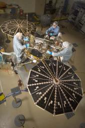 NASA's next Mars-bound spacecraft, the Phoenix Mars Lander, partway through assembly and testing at Lockheed Martin Space Systems, Denver, in September 2006.