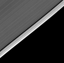 The outer edge of Saturn's A-ring is detailed in this image obtained by NASA's Voyager 2 on Aug. 26, 1981, just half an hour before closest approach, at a range of about 51,000 kilometers (31,700 miles).