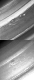 These images of NASA's Voyager 2 of Saturn's northern hemisphere were taken Aug. 19, 1981, from a distance of 7.1 million kilometers (4.4 million miles).