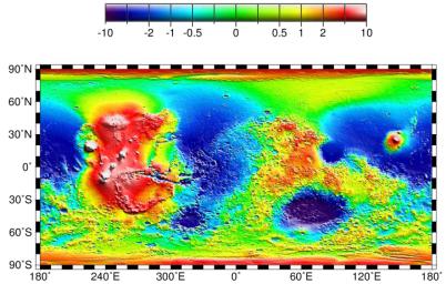 NASA's Mars Global Surveyor shows a topography map of the Tharsis province and the Hellas impact basin. 