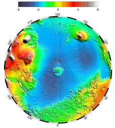 NASA's Mars Global Surveyor shows a pole-to-equator topography map in the northern hemisphere including the circular depression that is the Utopia Basin on Mars.