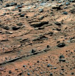 This false-color view taken on March 8, 2006 by NASA's Mars Exploratiion Rover Spirit shows layered rocks at 'Home Plate' revealing the individual sand-sized grains that make up these rocks.