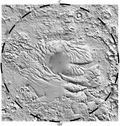 NASA's Mars Global Surveyor shows a relief model of the topography of the South Polar Region on Mars showing the form of the ice cap and its surroundings.