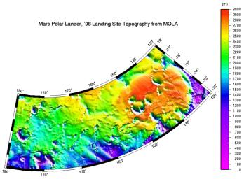 NASA's Mars Global Surveyor shows a digital elevation model of the Mars '98 Polar landing site corridor based on observations through the MGS Orbit Trim Maneuver-2 on June 10, 1999.