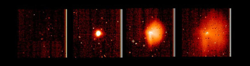 This display shows highly processed images of the outburst of comet Tempel 1 between June 22 and 23, 2005. The pictures were taken by NASA's Deep Impact's medium-resolution camera.
