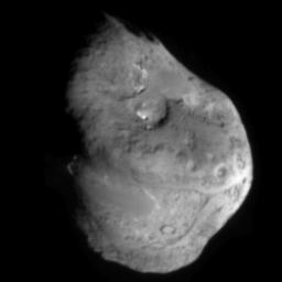 This image shows comet Tempel 1 approximately 5 minutes before NASA's Deep Impact's probe smashed into its surface. It was taken by the probe's impactor targeting sensor.