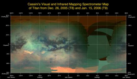 This global infrared map of Titan was composed with data from NASA's Cassini's visual and infrared mapping spectrometer taken during the last two Titan flybys.