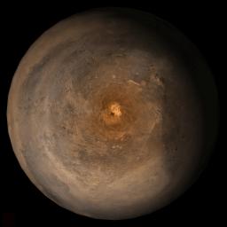 NASA's Mars Global Surveyor shows the south polar region of Mars in mid-January 2006.