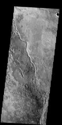 The channel in this image is called Apsus Vallis and it is located near the Elysium volcanic complex. Lava may have played a part in the formation of Apsus Vallis on Mars as seen by NASA's 2001 Mars Odyssey.