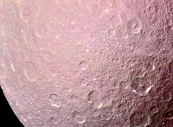 NASA's Voyager 1 took this high resolution color image of Rhea just before the spacecraft's closest approach to the Saturnian moon on Nov. 12, 1980 from a range of 128,000 kilometers (79,500 miles).
