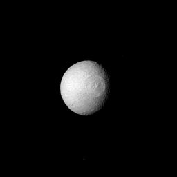 The Saturn satellite Tethys was viewed by NASA's Voyager 2 on Aug. 25 from a distance of 1 million kilometers (620,000 mi.).