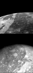 Two close-up photos of Ganymede, largest of Jupiter's 13 moons, were obtained on July 8 by NASA's Voyager 2 from 86,000 miles (top) and 192,000 miles.
