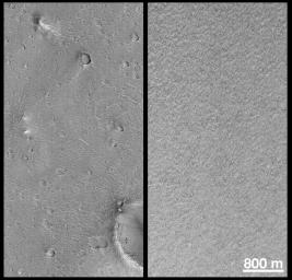 NASA's Mars Global Surveyor shows Mars' south polar layered deposits are generally devoid of the large craters and hills seen at the Mars Pathfinder site. 
