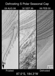 NASA's Mars Global Surveyor shows a layered terrain near the martian south pole. Together, these three views document changes that occurred between August 1999 and February 2000 for the same small region.