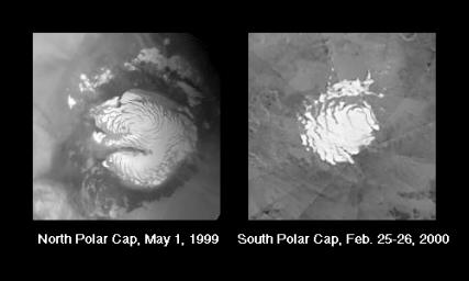 NASA's Mars Global Surveyor shows a portion of the north and south martian polar cap that remains frosted through the summer is known as the Residual Polar Cap.
