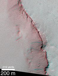 The anaglyph is helpful to see that the dark streaks really do occur on a slope in this image taken by NASA's Mars Global Surveyor 1999. 3D glasses are necessary to view this image.