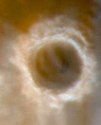 NASA's Mars Global Surveyor shows a chilly Lomonosov Crater in the northern hemisphere of Mars on April 20, 2000. The rims of the crater appear white because they are covered with wintertime frost.