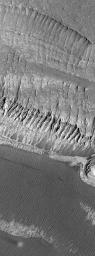 NASA's Mars Global Surveyor shows many tens of layers of several meters thickness in the walls of a mesa in Melas Chasma in Valles Marineris on Mars. Erosion by mass wasting, landslides, has exposed these layers creating the dark fan-shaped deposits.