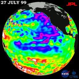 The North Pacific Ocean ran hot and cold, with abnormally low sea levels and cool waters in the northeastern Pacific contrasting with unusually high sea levels and warm waters in the northwestern Pacific shown by data from NASA's TOPEX/Poseidon satellite.