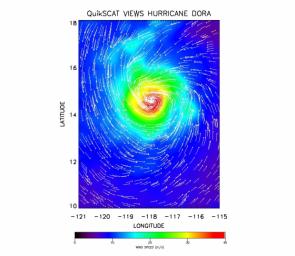 The SeaWinds instrument onboard NASA's QuikScat ocean-viewing satellite captured this image of Hurricane Dora in the eastern tropical Pacific Ocean on August 10, 1999, as it was blowing at speeds of nearly 40 meters per second (90 miles per hour).