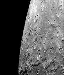 After passing Mercury the first time and making a trip around the Sun, NASA's Mariner 10 again flew by Mercury on Sept. 21, 1974. This encounter brought the spacecraft in front of Mercury in the southern hemisphere.