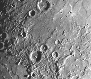 This image, from NASA's Mariner 10 spacecraft which launched in 1974, is of the northeastern quadrant of the Caloris basin showig the smooth hills and domes between the inner and outer scarps and the well-developed radial system east of the outer scarp.