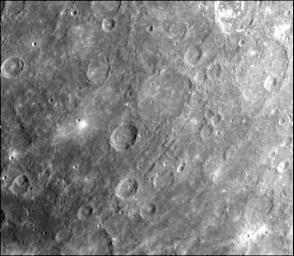 This image, from NASA's Mariner 10 spacecraft which launched in 1974, was taken during the spacecraft's first encounter with Mercury.