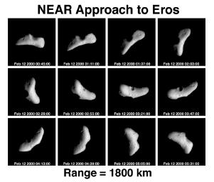 On Feb 12, 2000, two days before NASA's NEAR Shoemaker's insertion into orbit around Eros, during a five-hour time span the spacecraft recorded these pictures of the asteroid spinning on its axis. This view looks down toward the rocky body's north pole.
