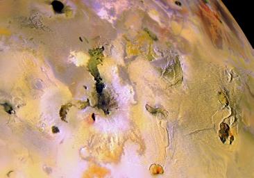 This picture of Jupiter's volcanic moon Io combines high-resolution black and white images taken by NASA's Galileo spacecraft on October 10, 1999, with lower resolution color images taken by Galileo on July 3, 1999.
