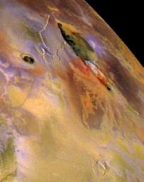 The Zal Patera region of Jupiter's volcanic moon Io is shown in this combination of high-resolution black and white images taken by NASA's Galileo spacecraft on November 25, 1999 and lower resolution color images taken by Galileo on July 3, 1999.