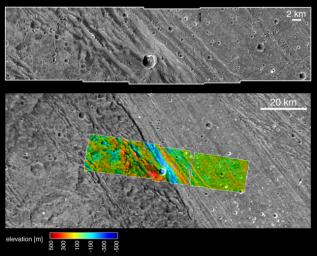 These images, taken by NASA's Galileo spacecraft on its May 20, 2000, flyby of Jupiter's moon Ganymede, illustrate the boundary and different elevations between the dark, ancient terrain of Nicholson Regio and bright, younger terrain of Harpagia Sulcus.