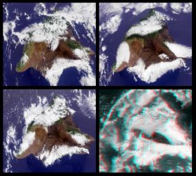 This stereo image from NASA's Terra satellite show the Mauna Kea and Mauna Loa volcanoes in Hawaii; a southern face of a line of cumulus clouds off the north coast of Hawaii is also visible. 3D glasses are necessary to view this image.