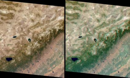 This stereo view of the Sierra Nevada mountains near the California-Nevada border was acquired on August 12, 2000 by NASA's Terra satellite. 3D glasses are necessary to view this image.