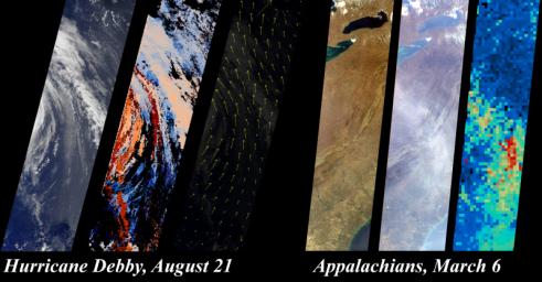 These images from NASA's Terra satellite were captured on August 21, 2000, during Terra orbit 3600, when MISR imaged Hurricane Debby in the Atlantic Ocean.