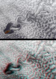 These images near Guadalupe Island from NASA's Terra satellite from June 11, 2000 (Terra orbit 2569) demonstrate a turbulent atmospheric flow pattern known as the von Karman vortex.
