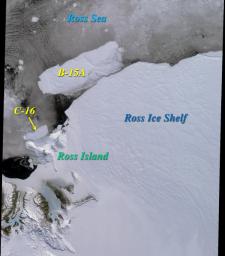Two large icebergs, designated B-15A and C-16, captured by NASA's Terra satellite, are of the Ross Ice Shelf and Ross Sea in Antarctica, acquired on December 10, 2000 during Terra orbit 5220,.