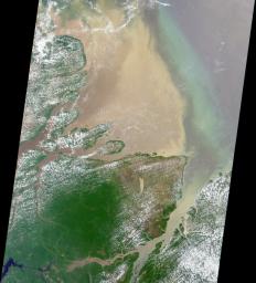 Flowing over 6450 kilometers eastward across Brazil, the Amazon River originates in the Peruvian Andes as tiny mountain streams that eventually combine to form one of the world's mightiest rivers as shown in this image from NASA's Terra satellite.