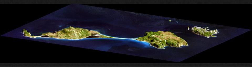 This image acquired by NASA's Shuttle Radar Topography Mission from data collected on February 12, 2000 shows two islands, Miquelon and Saint Pierre, located south of Newfoundland, Canada.